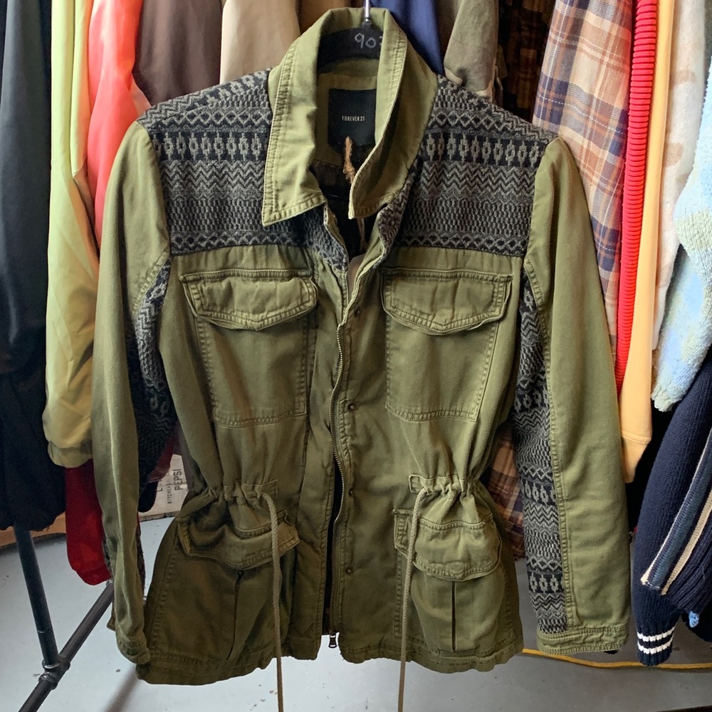 Forever 21 Army Green Military Jacket with Patterned Accents